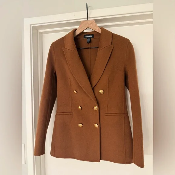 Express Hand Sewn Wool Blend Double Breasted Novelty Button Brown Blazer Jacket - Picture 6 of 15
